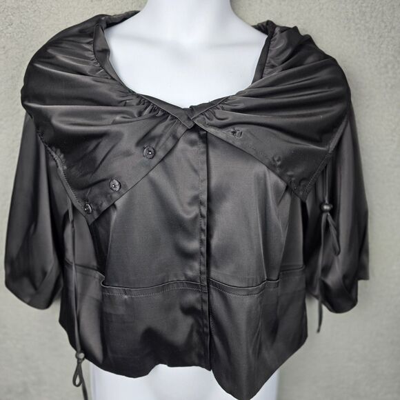 ECI New York Jacket Womens 12 Black Satin Big Collar Swing Crop Pockets Stretch - Picture 12 of 16